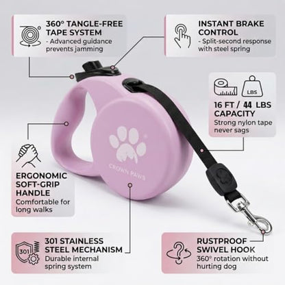Retractable Dog Leash, 16ft Heavy Duty Nylon Tape for Medium Dogs up to 44 lbs, One-Hand Brake & Lock, Tangle-Free, Ergonomic 3" Large Handle, Lightweight Pink M GC-DAN - Image 3