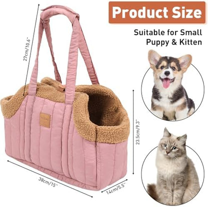 ETIAL Small Dog Carrier Purse, Winter Fleece Warm Dog Tote Bag Carrier with Secure Harness Clip for Puppy Kitten, Waterproof Pet Travel Handbag for Shopping, Hiking and Walking (Pink) - Image 2