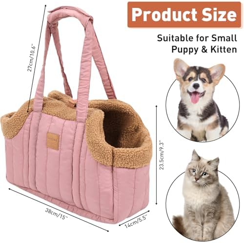 ETIAL Small Dog Carrier Purse, Winter Fleece Warm Dog Tote Bag Carrier with Secure Harness Clip for Puppy Kitten, Waterproof Pet Travel Handbag for Shopping, Hiking and Walking (Pink) - Image 2