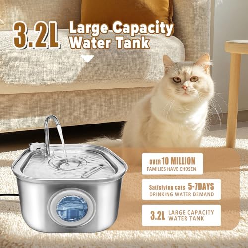 Cat Water Fountain.Stainless Steel Pet Water Dispenser Bowl: 108oz/3.2L.Quiet Pet Water Bowl Dispenser.with Ultra Quiet Pump and Faucet Water Level Window（with 4 Filters and Sponge） - Image 5