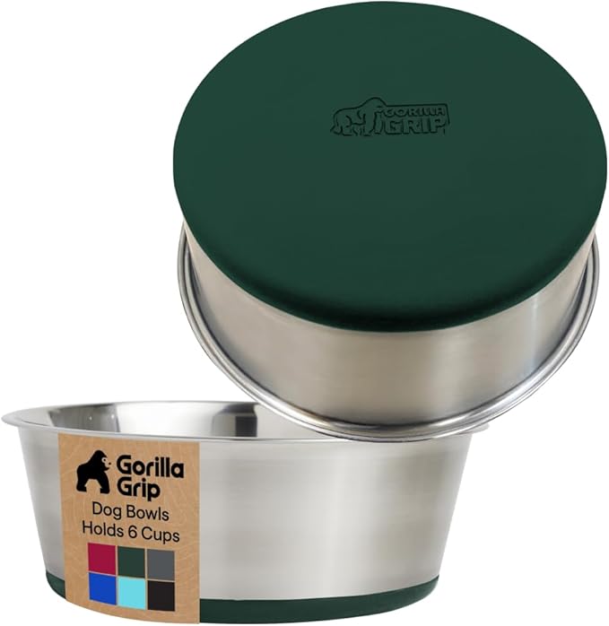 GORILLA GRIP Dog Bowls, Food Grade 304 Stainless Steel, Holds 6 Cups Each (48 fl oz) Food and Water Bowl for Feeding Dogs and Cats, Dishwasher Safe, Rust Resistant, BPA Free Rubber Base Set of 2 Green