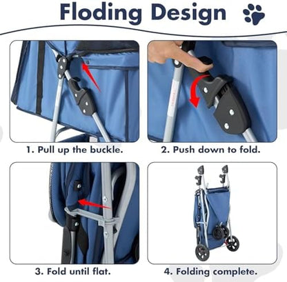 3 Wheels Pet Stroller,Storage Basket and Cup Holder, Breathable Mesh, Waterproof and Foldable for Small/Medium Dogs and Cats Strollers, Lightweight Travel Carrier for Daily Walks & Outdoor，Blue - Image 5