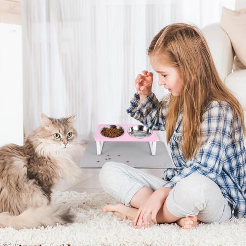 Summark Upgraded Elevated Cat Bowls with Food Mat,15°Tilted Stand Anti Vomiting Raised Cat Dishes for Food and Water,2 Stainless Steel Bowls for Cats and Puppy（Pink） - Image 7