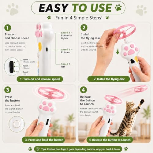 Cat Fetch Toy, Electric Cat Disc Launcher Toy with 8 Flying Spinners, Interactive Cat Toy for Indoor Cats and Bored Kittens, Bendable Discs, Rechargeable Paw Design（White） - Image 5