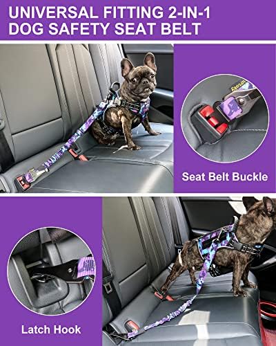 Hotsky Dog Seat Belt, Adjustable Safety Seatbelt 3-in-1 Car Harness for Dogs in Car Nylon Elastic Bungee Buffer Tether with Clip Hook Latch Buckle Swivel Zinc Alloy Carabiner(Purple Camo) - Image 6