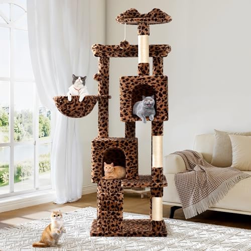 Allewie 64 Inches Cat Tree Tower/Multi-Level Activity Center for Indoor Big Felines/2 Plush Condos/2 Perchs/Basket/House/Sisal Scratching Posts/Hanging Cat Toys/Leopard Print - Image 2