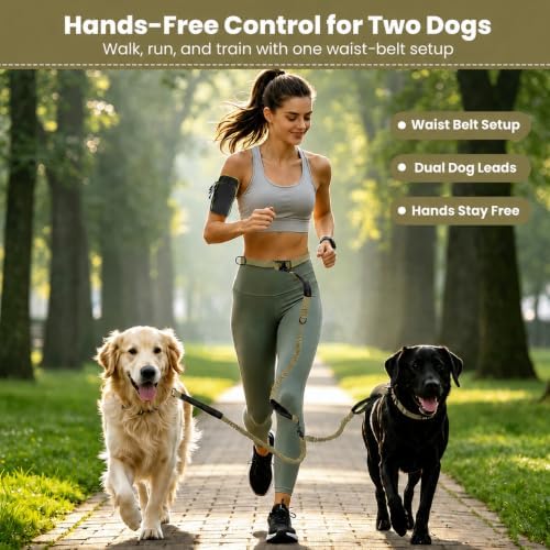 Hands Free Double Dog Leash, 4 Reflective Padded Handles, Adjustable Waist Belt 27-51", Shock-Absorbing Bungee, 360° Swivel Clips, for Small, Medium & Large Dogs, Walking Jogging Running - Image 3
