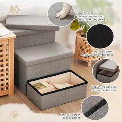 Love's cabin Dog Stairs for High Bed, Foldable Pet Stairs for Small Medium or Large Dogs Puppy with Storage for Bed or Couch, Cat Dog Steps Ramp with Zip up to 200 lbs, Solid Grey, 3 Steps - Image 4
