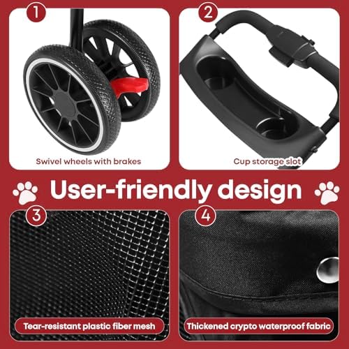 Pet Stroller,Dog Stroller for Small Medium Dogs Cats,3 Wheels,Red+Black - Image 4