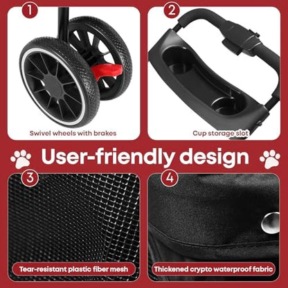 Pet Stroller,Dog Stroller for Small Medium Dogs Cats,3 Wheels,Red+Black - Image 4