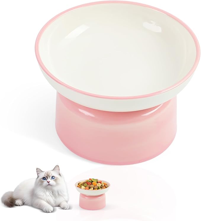 Cat Food Bowl, Ceramic Cat Bowls, Anti Whisker Fatigue Cats Bowl Set,Shallow Wide Kitten Plates for Food and Water (Pale Pink)