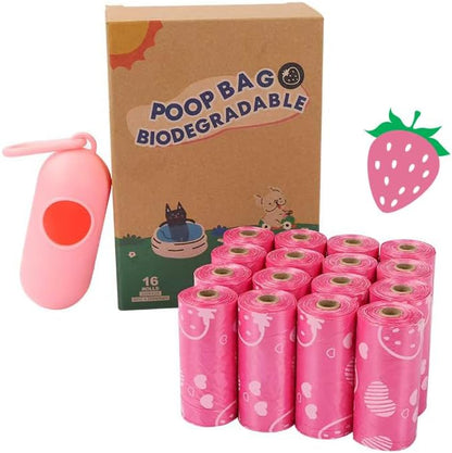Dog Poop Bags Rolls, Strawberry Scent Biodegradable Pink, Large 9x13 Inch With Dispenser, Leakproof & Easy Tear 240 Count 16 Rolls for Outdoor Dog Walking