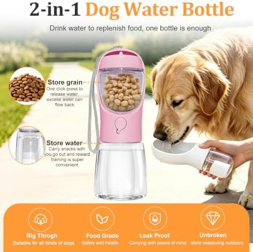 Portable Dog Water Bottle with Food Container, Pink, 12oz - Image 2