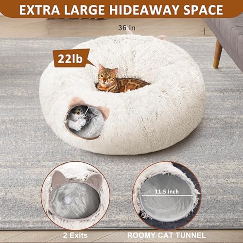 Cat Tunnel with Cat Bed for Indoor Cats, Soft Plush Peekaboo Cat Cave Donut Tunnel, Multifunctional Playground Toys Hideplace for Small Medium Large Kittens, Rabbit, Ferret (Cream White) - Image 5