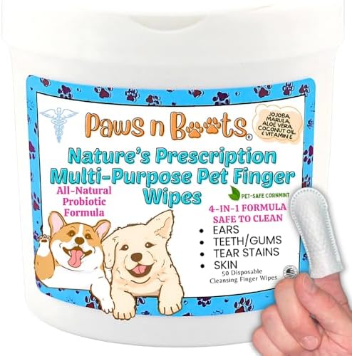 Pet Wipes - Multi-Purpose Finger Wipes to Cleanse Ears, Freshen Breath, Whiten Teeth, Soothe Skin and Tear Stain Removal. Pre-Formulated with 100% Natural, Plant-Based, Safe, & Beneficial Ingredients. by PawsnBoots