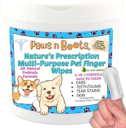 Pet Wipes - Multi-Purpose Finger Wipes to Cleanse Ears, Freshen Breath, Whiten Teeth, Soothe Skin and Tear Stain Removal. Pre-Formulated with 100% Natural, Plant-Based, Safe, & Beneficial Ingredients. by PawsnBoots