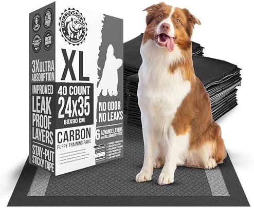 Bulldoglogy Carbon Black XL Dog Pee Pads for Extra Large Dogs with Adhesive Sticky Tape - Extra Large Charcoal Housebreaking Dog Pee Pads Disposable (24x35) (40-Count, Black) by BulldogologyPetSolutions
