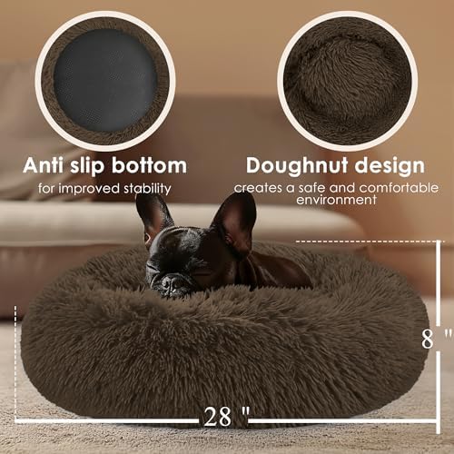 28in Large Dog Bed, Calming Donut Bed for Puppy and Kitten (Coffee) - Image 3