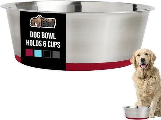 GORILLA GRIP Dog Bowl, Holds 6 Cups (48 fl oz), Food Grade 304 Stainless Steel Food and Water Bowl for Feeding Dogs and Cats, BPA Free Rubber Base, Easy Clean, Dishwasher Safe, Rust Resistant, Red