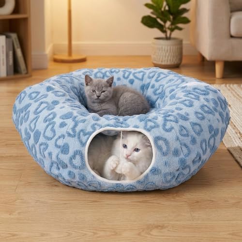 Cat Tunnel Bed, Cute Cat Tunnel Toy with Washable Cushion, Fits Indoor Cats up to 25 lbs, Cute Peekaboo Cave Pet Bed for Kittens, Rabbits, Blue Heart by PurrZone