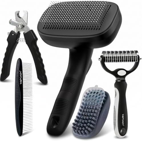 5 PCS Cat & Dog Grooming Kit Brush, Self-Cleaning Slicker Hair Brush, Nail Clipper, Undercoat Rake, Pet Bath Brush with Removable Screen,Pet Comb for Short & Long Haired Dogs Cats, Black by WOPQAEM%C2%AE
