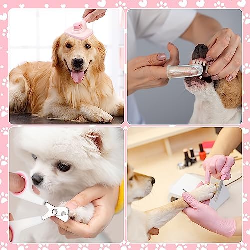 VCZONE 8 Pcs Dog Grooming Kit with Self Cleaning Tools: Nail Clipper, Flea Comb, Shampoo Brush, Shedding Brush, Dematting Comb, Silicone Toothbrush (Pink) - Image 3