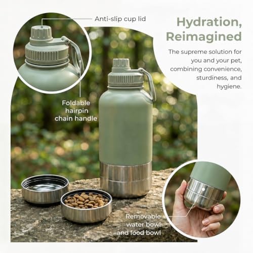 RYNVALE 32oz Insulated Stainless Steel Pet Water Bottle with Dog Bowl - Image 4