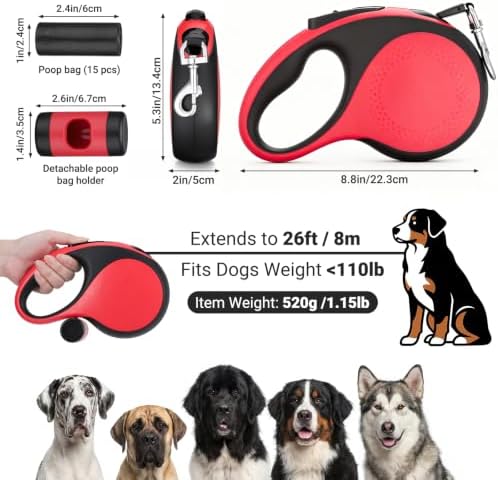 Segarty 26 Ft Walking Lead with Poop Bag Holder for Pet 66 lbs - 110 lbs, 8m Heavy-Duty Retractable Long Leash 360°Tangle-Free with Anti-Slip Handle, One-Handed Brake Pause Lock for Medium Large Dogs - Image 2
