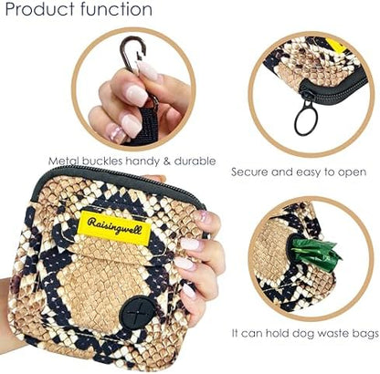 Dog Treat Pouch for Pet Walking and Training with Clicker Poop Bags and Double Bag Design Small Fanny Zipper Pack Holder for Puppy Snack Dispenser Kit for Leash and Outdoor Use Snake Skin - Image 4