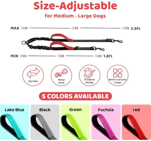 Double Dog Leash - No Tangle Splitter for Two Dogs, Coupler with Adjustable Long Lead Rope, Dual Control Handles, Retractable No Pull Bungee, Walk Train Small Medium Large 2 Pets (Red) - Image 2