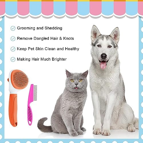 Cat Brushes for Indoor Cats, Dog Brush for Shedding with Metal Cat Comb, Self Cleaning Pet Hair Brush with Release Button for Grooming Kitten(Orange) - Image 4