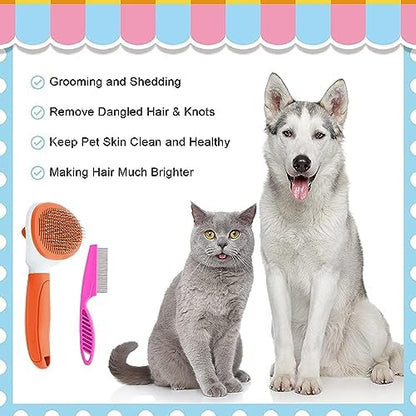 Cat Brushes for Indoor Cats, Dog Brush for Shedding with Metal Cat Comb, Self Cleaning Pet Hair Brush with Release Button for Grooming Kitten(Orange) - Image 4