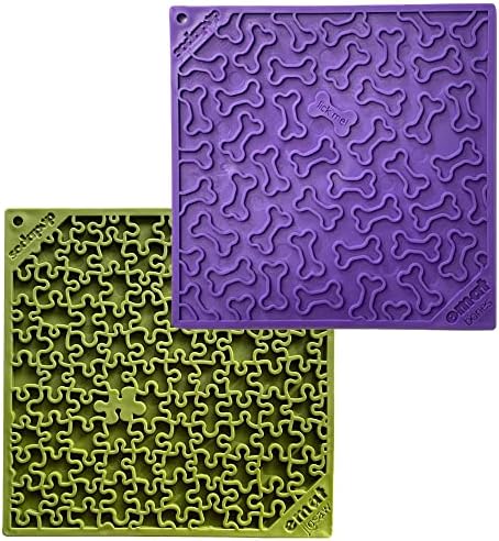 SodaPup Purple Bones & Green Jigsaw eMat Bundle – Durable Lick Mat Feeder Made in USA from Non-Toxic, Pet-Safe, Food Safe Rubber for Avoiding Overfeeding, Digestive Health, Calming, & More by SodaPup