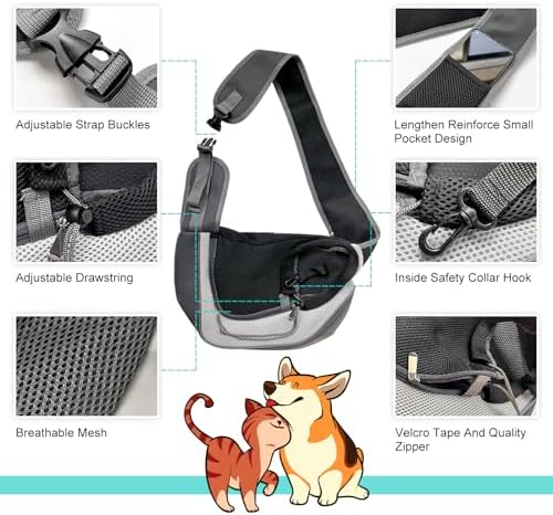 Dog Sling Carrier Pet Puppy Sling Bag Small Dogs Cats Carrier Hand Free Dog Satchel Carrier for Outdoor Travel, Medium, Grey - Image 2