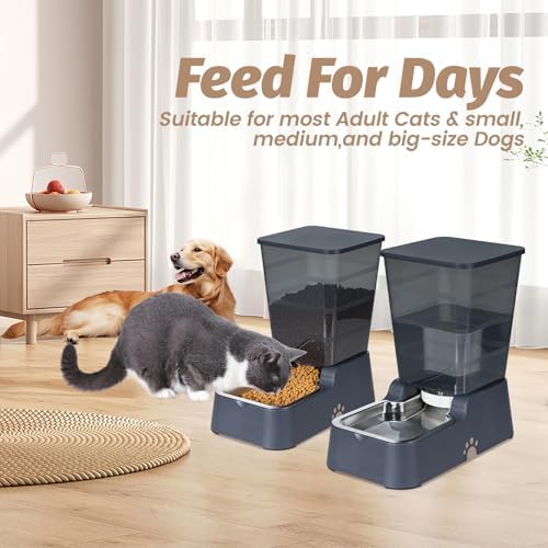 Automatic 5.4L/1.4Gal Pet Waterer, Automatic Dog Water Dispenser Gravity Stainless Steel Water Feeder, Large Capacity Feeding Bowls for Cats and Medium & Large-Sized Dogs (Black, Food+Water) - Image 2