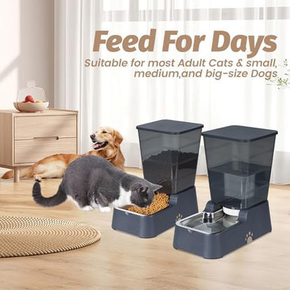 Automatic 5.4L/1.4Gal Pet Waterer, Automatic Dog Water Dispenser Gravity Stainless Steel Water Feeder, Large Capacity Feeding Bowls for Cats and Medium & Large-Sized Dogs (Black, Food+Water) - Image 2