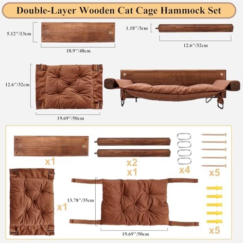 JSPYFITS Wooden Cat Furniture Wall Mounted, Double Layer Hammock, Large Size 18.9″ Removable Multi-Function Cat Bed for Sleep/Play/Climb, Kitten Window Perch, Easy DIY Installation(Brown) - Image 4