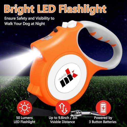 Retractable Dog Leash with LED Light Makife 5m Extendable Dog Lead for Small Medium Puppis up to 25kgs, One-Hand Brake & Lock System, Ergonomic Handle (Orange) - Image 6