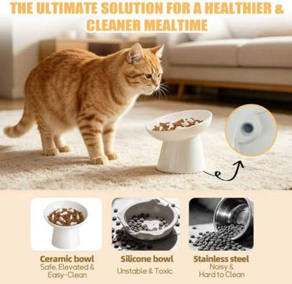 Ceramic Elevated Slow Feeder Cat Bowl - 6" Raised Cat Food Bowl for Bloat Relief & Anti-Vomiting, Whisker Friendly Ceramic Cat Slow Feeder for Indoor Cats, Kittens, Puppies - White(1pc) - Image 5