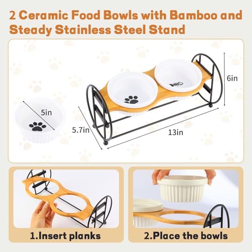 Elevated Adjustable Cat Bowl Set with 2 Dishes for Cats & Small Dogs - Anti-Vomiting,15° Tilted and Rasied Bowls with Non-Slip Design, Food-Grade Ceramic, Easy to Clean - Image 6