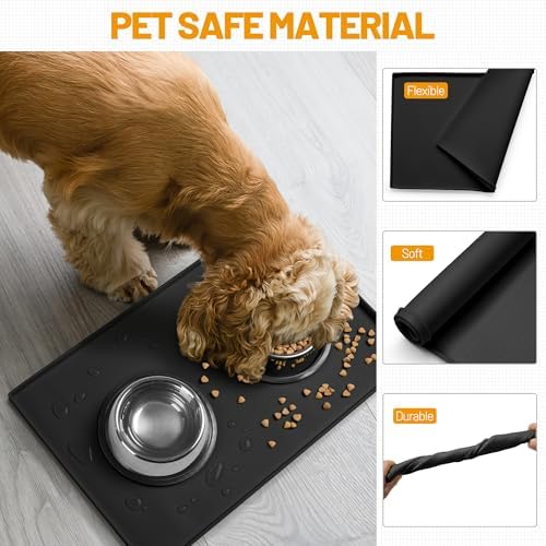 Hubulk Dog Feeding Mat,100% Waterproof Food Grade Silicone Pet Food and Water Bowl Placemat,Dishwasher, High Raised Edge to Prevent Spills,Nonslip Tray to Stop Messes on Floor (19"x12"x0.5", Black) - Image 5