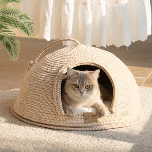 Cat Cave Bed with Washable Cushion and Ball, Handwoven Cotton Rope Cat Basket Bed for Indoor Cats Bed Covered, 3-in-1 Scratching, Playing & Sleeping, All Season Universal(White) by CHEERPALS