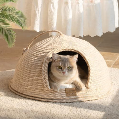 Cat Cave Bed with Washable Cushion and Ball, Handwoven Cotton Rope Cat Basket Bed for Indoor Cats Bed Covered, 3-in-1 Scratching, Playing & Sleeping, All Season Universal(White) by CHEERPALS