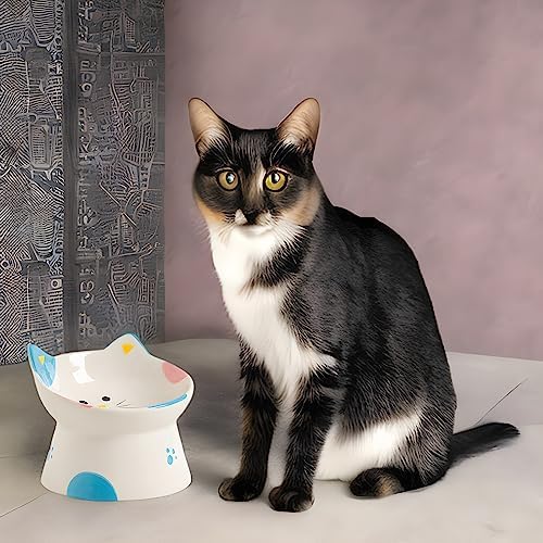 Cute Ceramic Raised Cat Bowls Elevated Design, 15° Tilted FeederProtect Cat's Spine Anti Vomiting Blow for Flat Faced Cats, Kitten Small Dogs,Raise Tilted Cat Food Bowld Pet Dishes(Blue) - Image 3