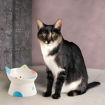 Cute Ceramic Raised Cat Bowls Elevated Design, 15° Tilted FeederProtect Cat's Spine Anti Vomiting Blow for Flat Faced Cats, Kitten Small Dogs,Raise Tilted Cat Food Bowld Pet Dishes(Blue) - Image 3