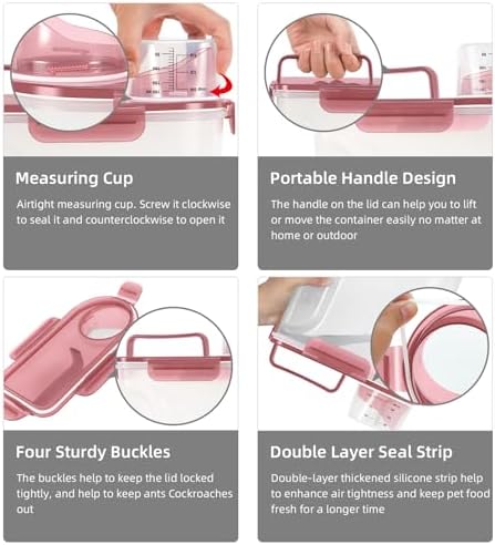 LEAWALK 2Pack Cat Dog Food Storage Container Upgraded Large Nozzle BPA-free, 3+5lbs Plastic Pet Food Containers, With 4 Sealed Clasps/1 Measuring Cup/Handle Easy Clean and Carry (Clear Pink) - Image 3