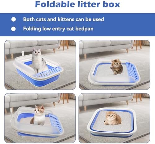 High Sided Cat Litter Box, Anti-Splashing Low Entry Cats Litter Pan with Scoop Collapsible Foldable Shallow Kitten Potty Toilet Waterproof Cat Travel Litterbox Semi-Enclosed Easy Clean(Blue) - Image 5