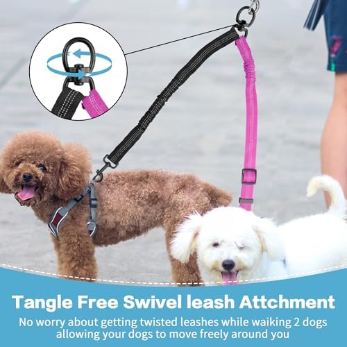 YAODHAOD Double Dog Leash,Two Dog Leash Splitter, No Tangle 360° Swivel Rotation Reflective Lead, Adjustable Length Bungee Heavy Duty Walking Training Dual Extension (Black + Rose red) - Image 2