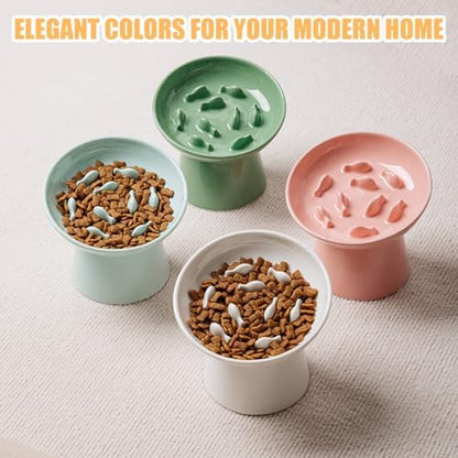 Ceramic Elevated Slow Feeder Cat Bowl - 6" Raised Cat Food Bowl for Bloat Relief & Anti-Vomiting, Whisker Friendly Ceramic Cat Slow Feeder for Indoor Cats, Kittens, Puppies - White(1pc) - Image 6