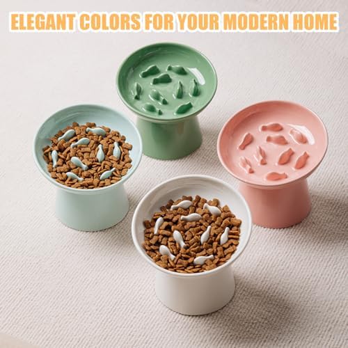 Ceramic Elevated Slow Feeder Cat Bowl - 6" Raised Cat Food Bowl for Bloat Relief & Anti-Vomiting, Whisker Friendly Ceramic Cat Slow Feeder for Indoor Cats, Kittens, Puppies - Green(1pc) - Image 6